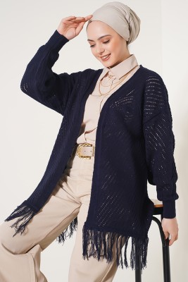  Püsküllü Lacivert Hırka - Thumbnail