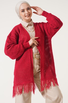  Püsküllü Kırmızı Hırka - Thumbnail