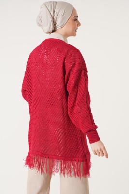  Püsküllü Kırmızı Hırka - Thumbnail