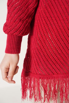  Püsküllü Kırmızı Hırka - Thumbnail