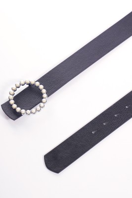 İnci Halka Tokalı Siyah Gümüş Kemer - Thumbnail