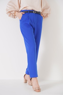 Pazarium - Yırtmaçlı Kemerli Saks Pantolon