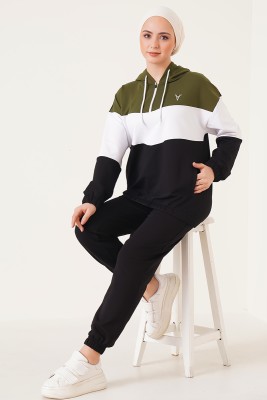 Yaka Fermuarlı Kapüşonlu Siyah Haki Eşofman Takımı - Thumbnail