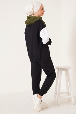 Yaka Fermuarlı Kapüşonlu Siyah Haki Eşofman Takımı - Thumbnail