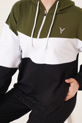 Yaka Fermuarlı Kapüşonlu Siyah Haki Eşofman Takımı - Thumbnail