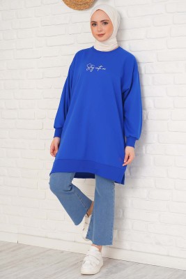 Stay With Me Baskılı Saks Tunik - Thumbnail