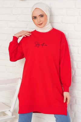 Stay With Me Baskılı Kırmızı Tunik - Thumbnail