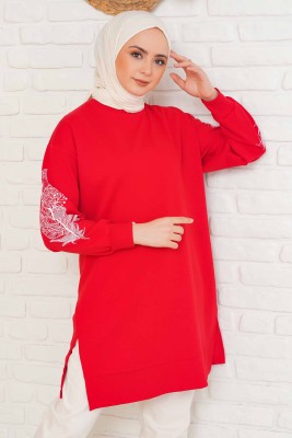 Kolu Çiçek Baskılı Kırmızı Tunik - Thumbnail