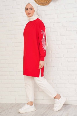 Kolu Çiçek Baskılı Kırmızı Tunik - Thumbnail