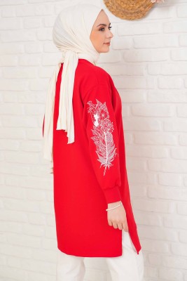 Kolu Çiçek Baskılı Kırmızı Tunik - Thumbnail