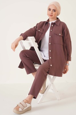 Çift Cepli Gabardin İkili Takım Kahve - Thumbnail