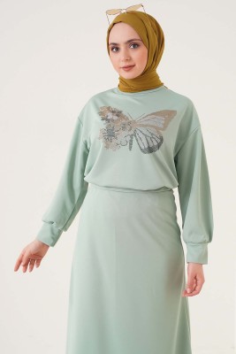 Kelebek Taş Süslemeli Su Yeşili İkili Takım - Thumbnail