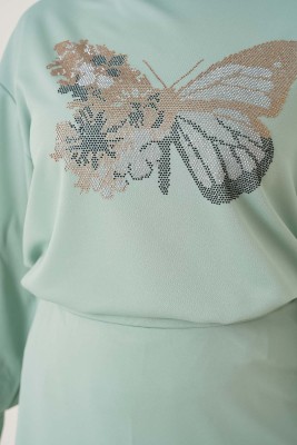 Kelebek Taş Süslemeli Su Yeşili İkili Takım - Thumbnail