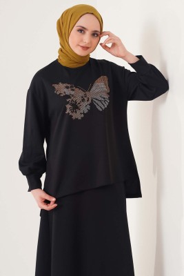 Kelebek Taş Süslemeli Siyah İkili Takım - Thumbnail