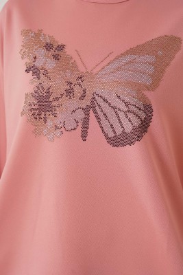 Kelebek Taş Süslemeli Gül Kurusu İkili Takım - Thumbnail