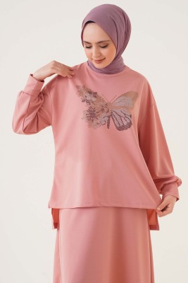 Kelebek Taş Süslemeli Gül Kurusu İkili Takım - Thumbnail