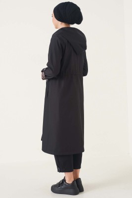 Bileği Çizgili Kapüşonlu Siyah Leopar Trençkot - Thumbnail