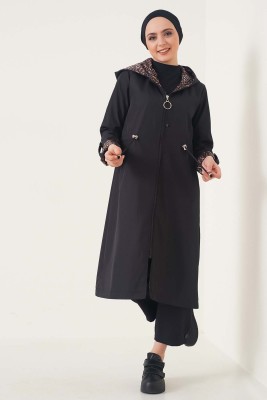 Bileği Çizgili Kapüşonlu Siyah Leopar Trençkot - Thumbnail