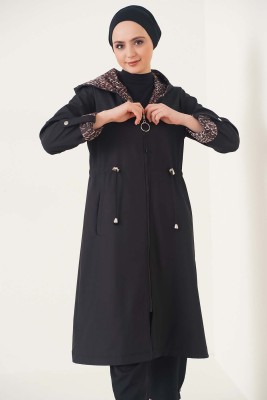 Bileği Çizgili Kapüşonlu Siyah Leopar Trençkot - Thumbnail