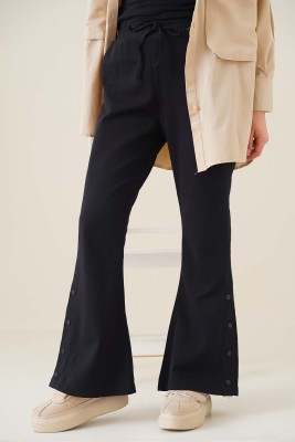 Çıt Çıt Düğmeli İspanyol Paça Siyah Pantolon - Thumbnail