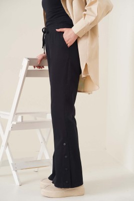 Çıt Çıt Düğmeli İspanyol Paça Siyah Pantolon - Thumbnail