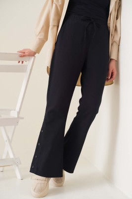 Çıt Çıt Düğmeli İspanyol Paça Siyah Pantolon - Thumbnail