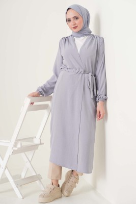 Büzgü Kuşaklı Gri Kap - Thumbnail