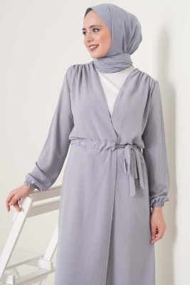 Büzgü Kuşaklı Gri Kap - Thumbnail