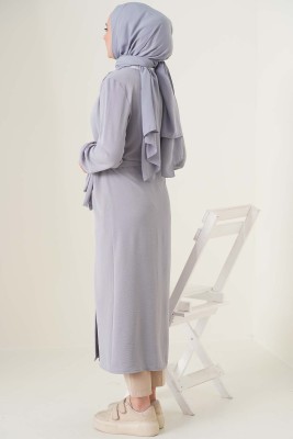 Büzgü Kuşaklı Gri Kap - Thumbnail