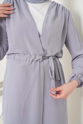 Büzgü Kuşaklı Gri Kap - Thumbnail