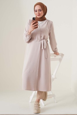 Büzgü Kuşaklı Bej Kap - Thumbnail