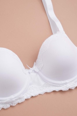 Dantel Detaylı Fiyonklu Toparlayıcı Sütyen Beyaz - Thumbnail