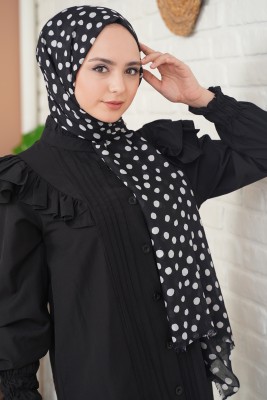 Tülbent Şal Puantiyeli Siyah Beyaz - Thumbnail