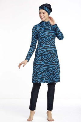 Pazarium - Zebra Desen Siyah Tesettür Mayo