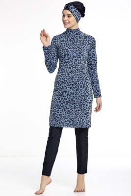 Pazarium - Leopar Desen Siyah Tesettür Mayo 