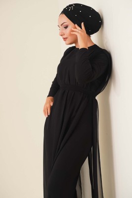 Kuşaklı Şifon Tulum Siyah - Thumbnail