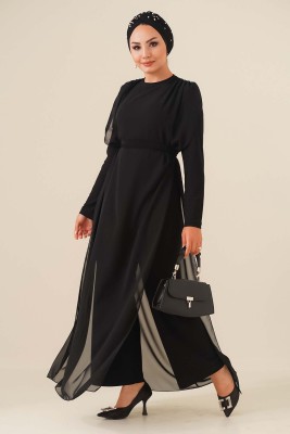 Kuşaklı Şifon Tulum Siyah - Thumbnail