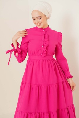 Broş Süslemeli Fuşya Elbise - Thumbnail