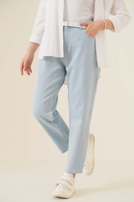 Pazarium - Düz Boyfriend Buz Mavisi Pantolon