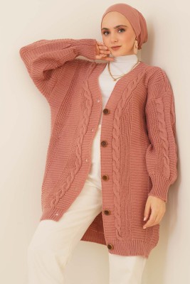 Önden Düğmeli Örgü Hırka Gül Kurusu - Thumbnail