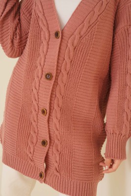 Önden Düğmeli Örgü Hırka Gül Kurusu - Thumbnail