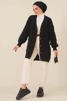 Önden Düğmeli Örgü Hırka Siyah - Thumbnail