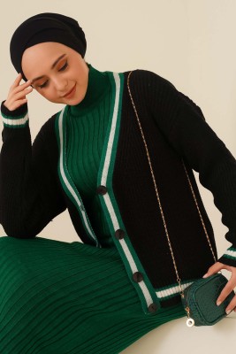 Renk Şeritli Örgü Hırka Siyah Zümrüt - Thumbnail