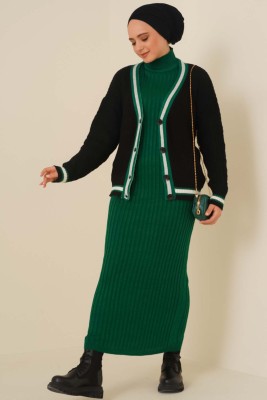 Renk Şeritli Örgü Hırka Siyah Zümrüt - Thumbnail