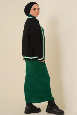 Renk Şeritli Örgü Hırka Siyah Zümrüt - Thumbnail