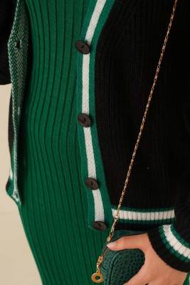 Renk Şeritli Örgü Hırka Siyah Zümrüt - Thumbnail