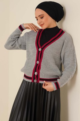 Renk Şeritli Örgü Hırka Gri Fuşya - Thumbnail