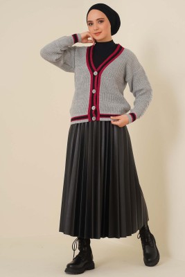 Renk Şeritli Örgü Hırka Gri Fuşya - Thumbnail