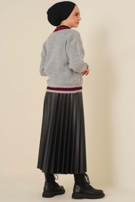 Renk Şeritli Örgü Hırka Gri Fuşya - Thumbnail