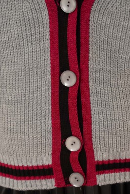 Renk Şeritli Örgü Hırka Gri Fuşya - Thumbnail